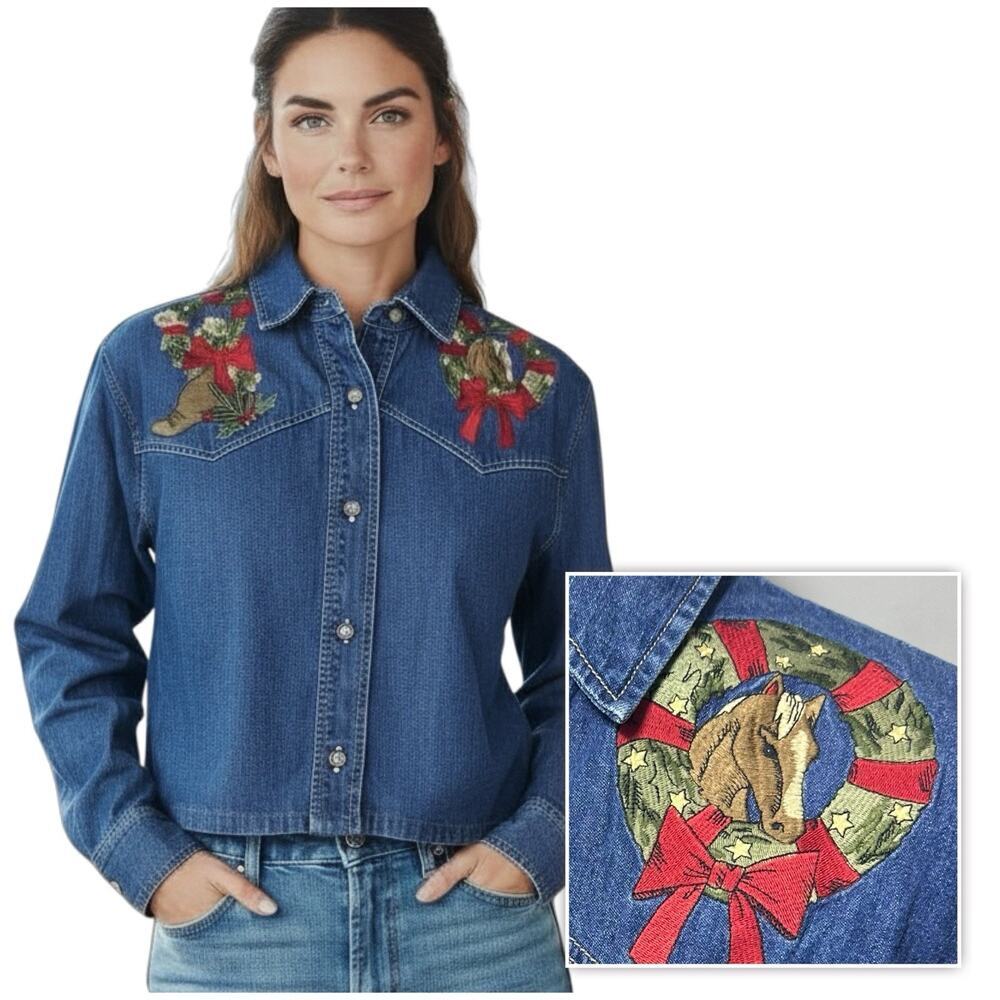 VTG Telluride Equestrian Denim Jacket Holiday Horse Embroidered Christmas Party